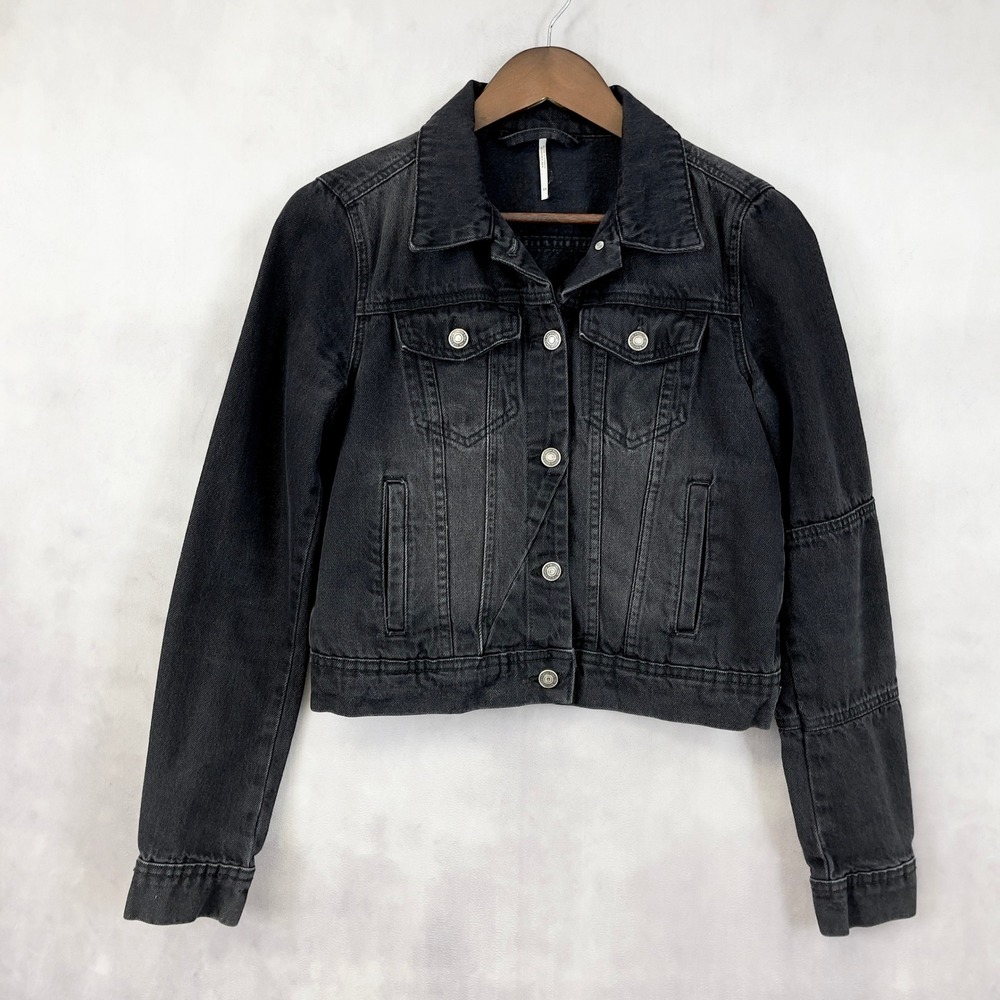 Free People Women Denim Jacket XS Black Grunge Indie Rock Trucker Western‎ Urban - Picture 1 of 14